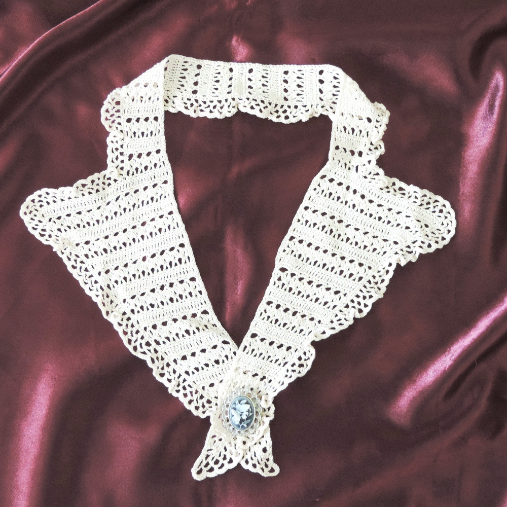 Crochet Lace Collar with Blue Cameo Butterfly Pin